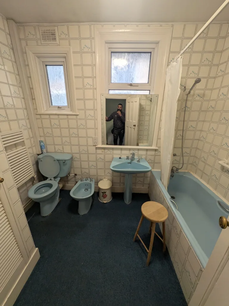 1970s blue bathroom suite before refurbishment, Golders Green NW11